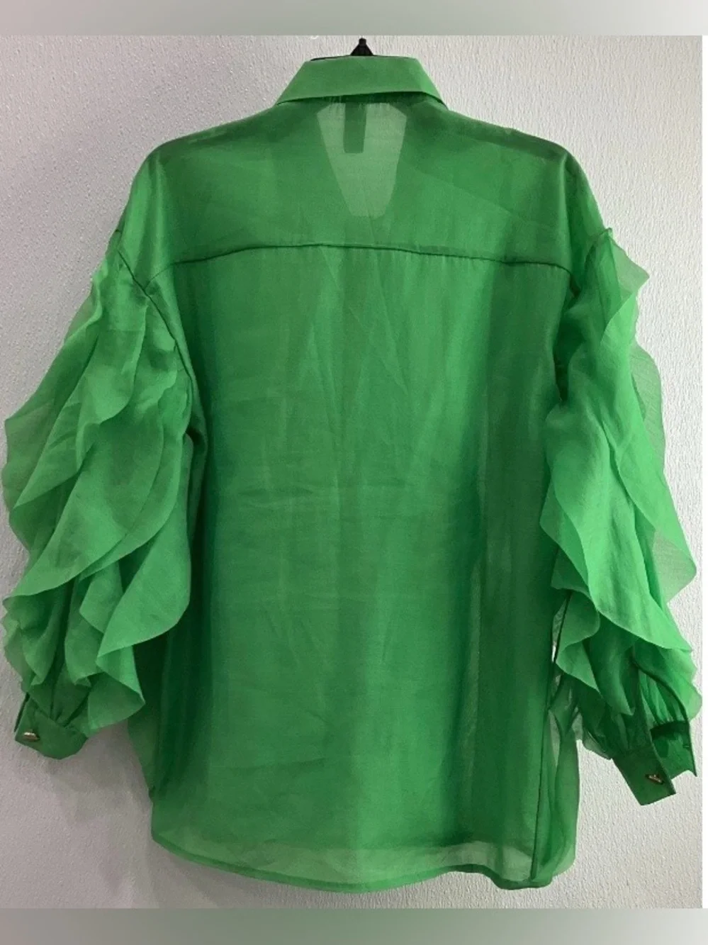 Sun Avant Guard Haute Couture Green Ruffle Sheer Button-Up Blouse XL - Picture 2 of 4